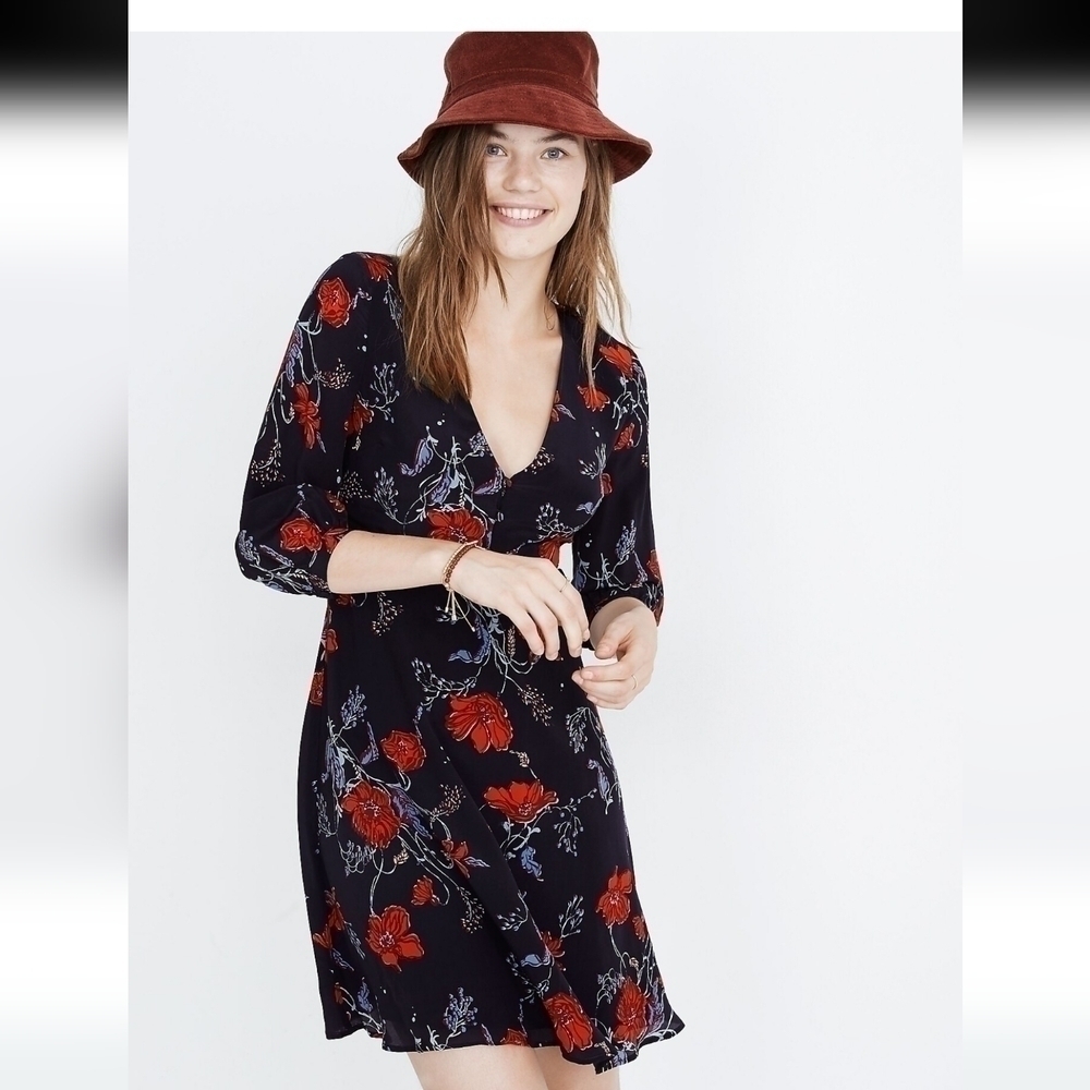 MADEWELL Blue Red Silk Poppies Dress Size 0